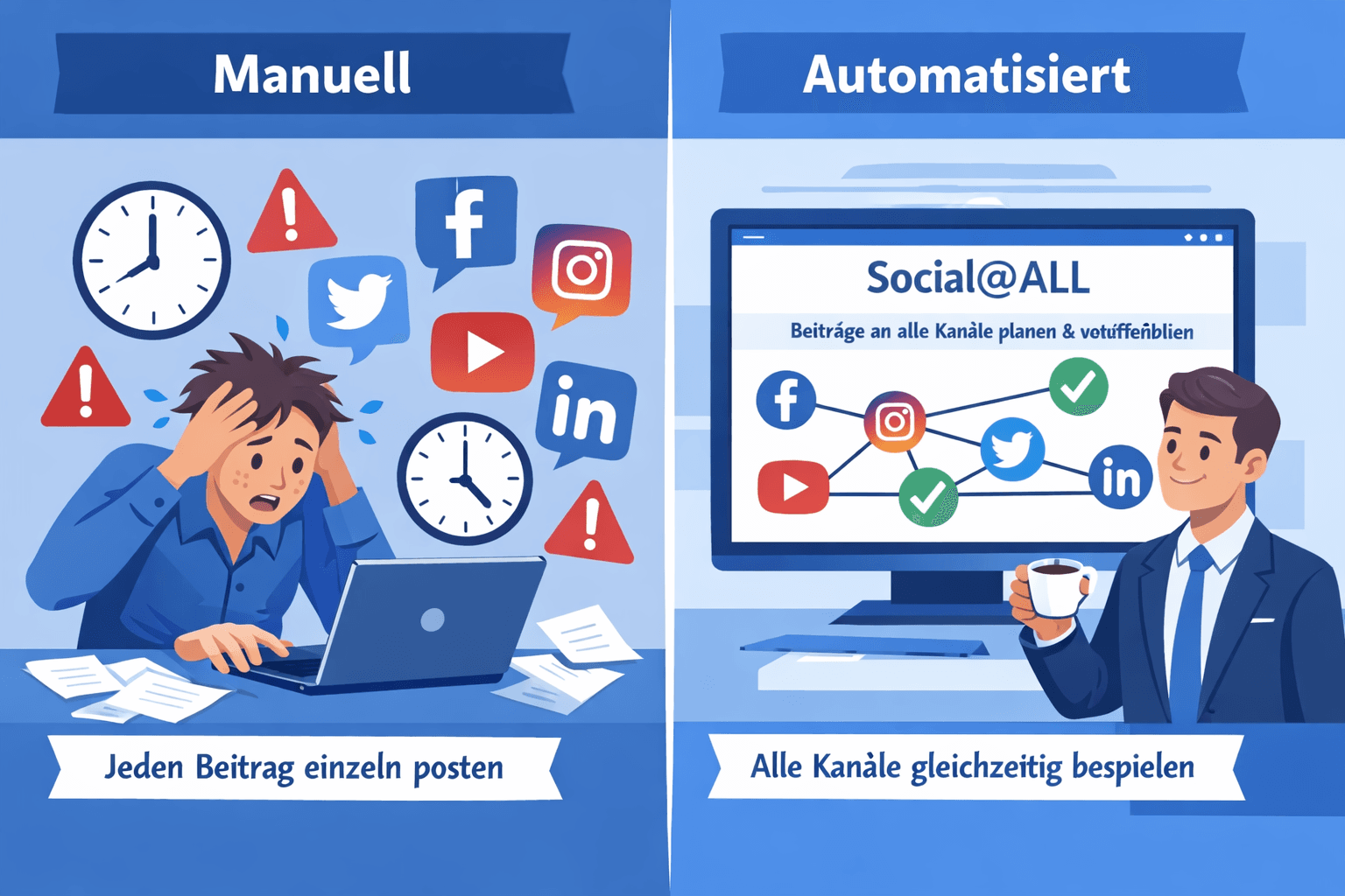 () infographic-style illustration showing a split-screen comparison: left side depicts a stressed marketer manually posting